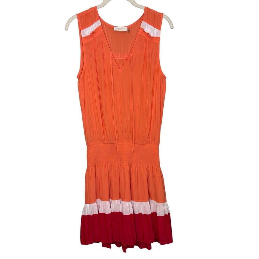 Ramy Brook Dress Womens Medium Orange Colorblock Pleated Smocked V Neck Sundress